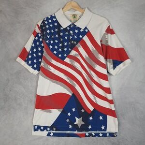 Divots Polo Shirt Mens Medium Multicolor American Flag USA Golf Patriotic
